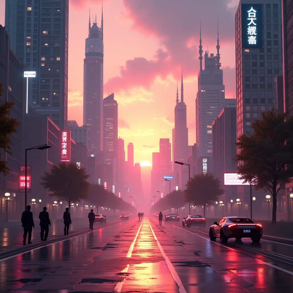 Neonová nebesa: Futuristické město při západu slunce