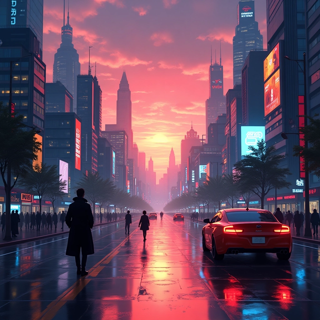 Città Neon Cyberpunk al Tramonto