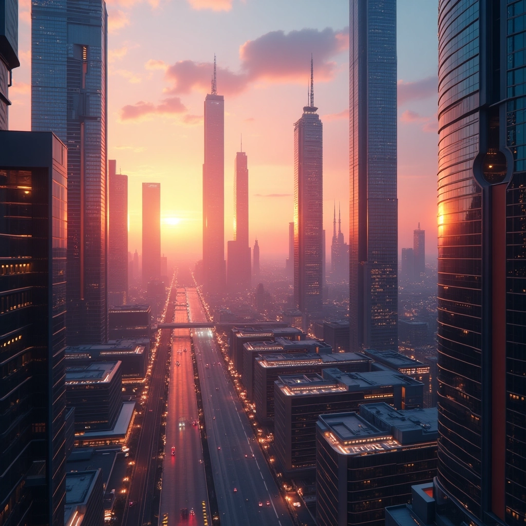 Cieli al Neon: Città Futuristica al Tramonto
