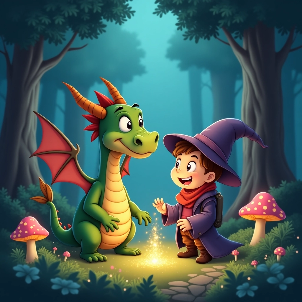 Drago Fantasioso e Giovane Mago in una Foresta Incantata