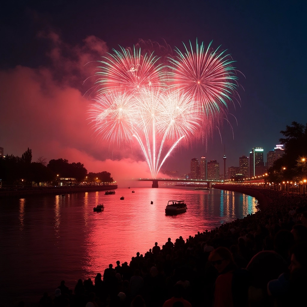 Fuochi d'artificio sul fiume della città