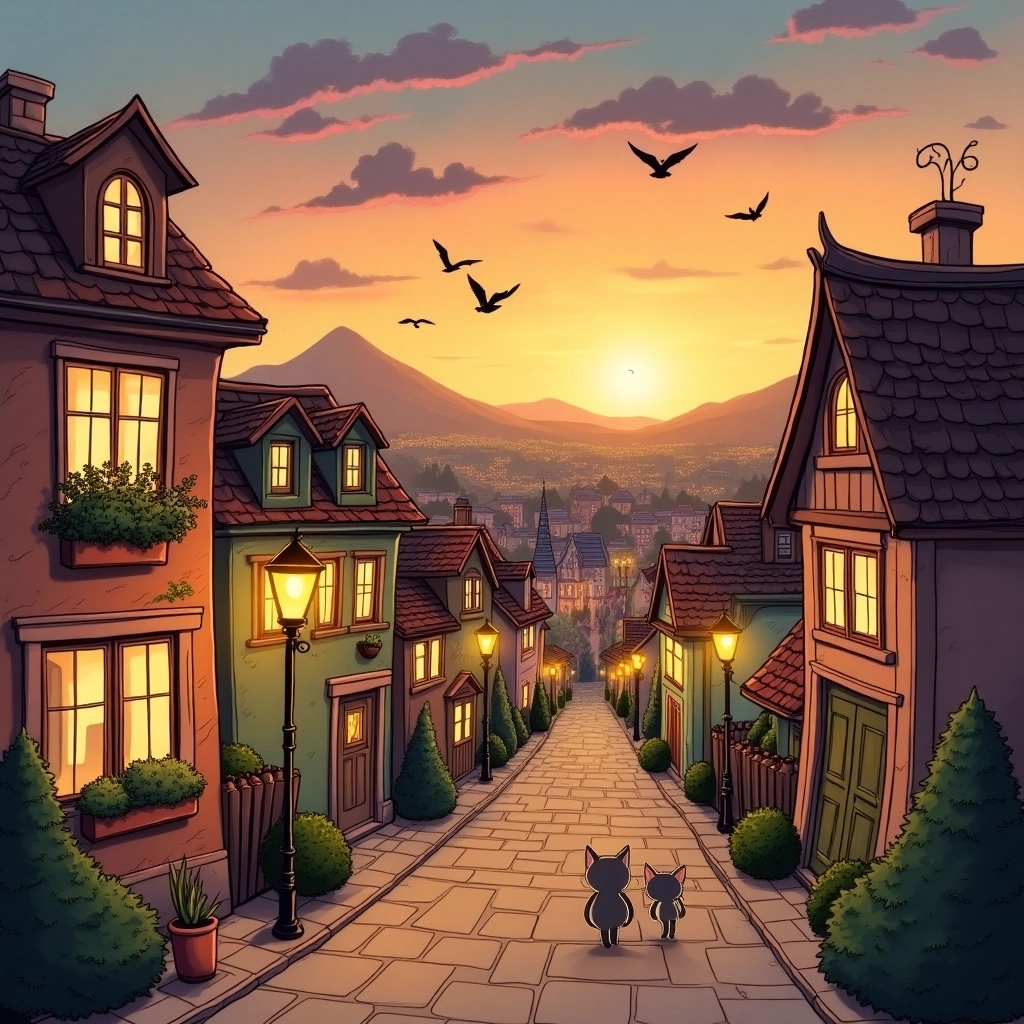 Paesaggio Urbano Fantasioso al Tramonto, Disegnato a Mano
