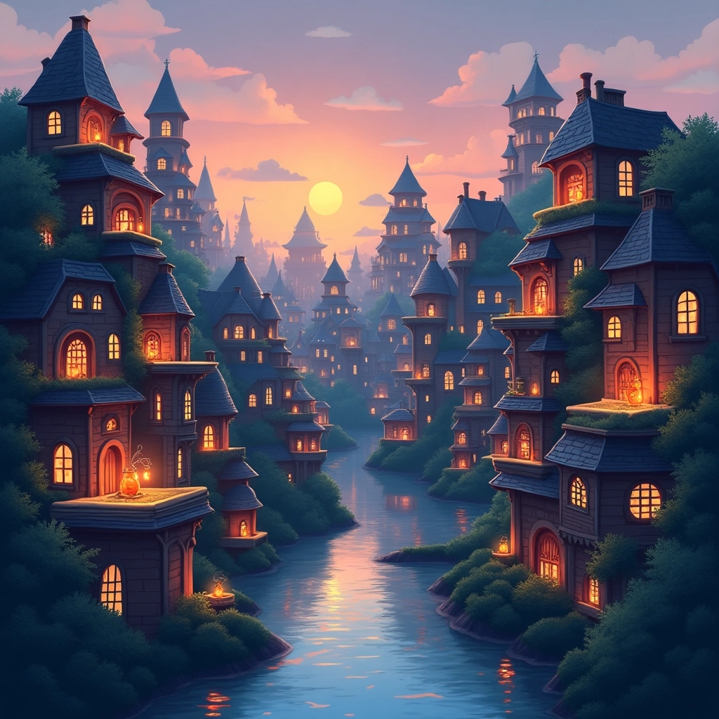 Città Fantasiosa di Libri al Tramonto