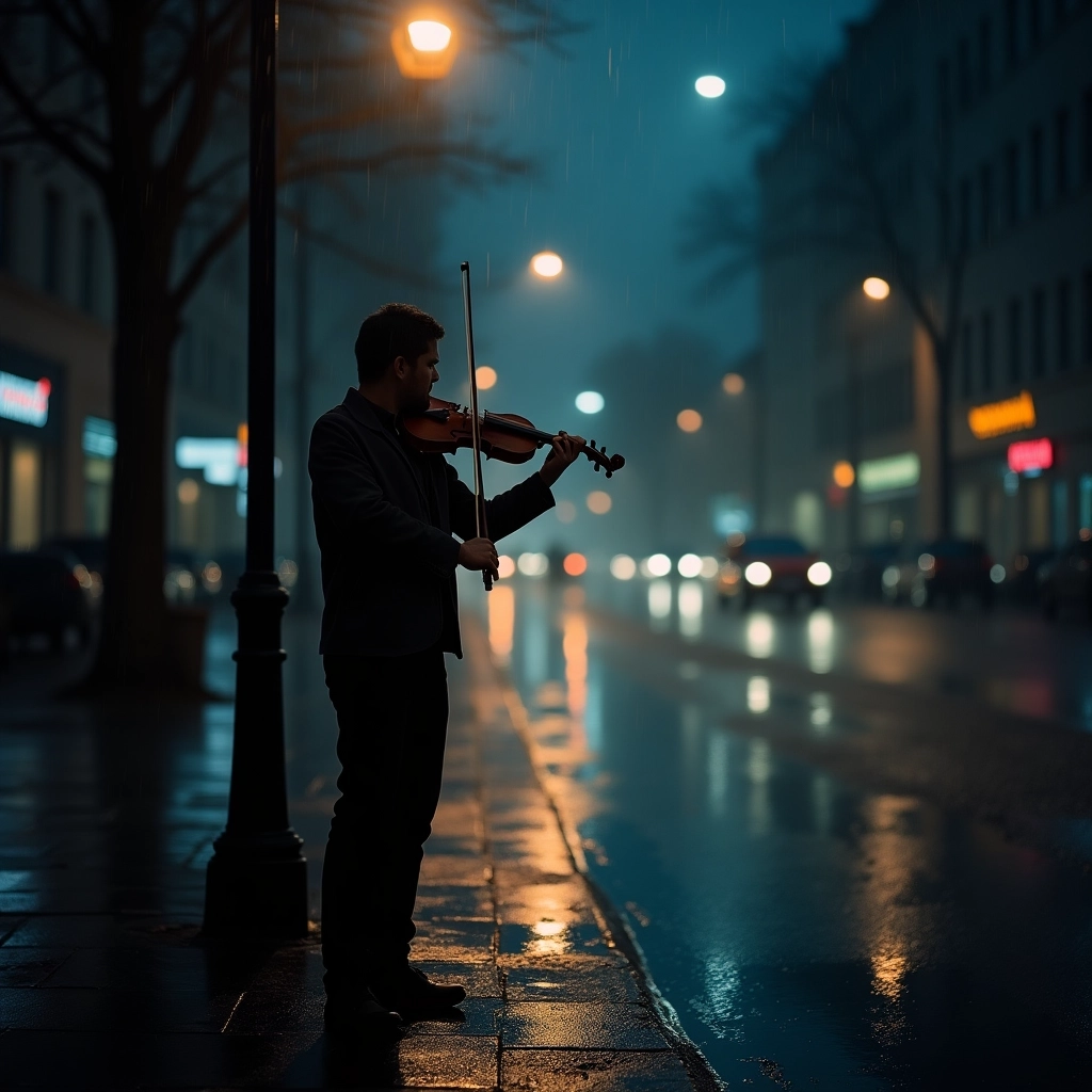 Serenata di Mezzanotte: Violinista Malinconico sotto la Pioggia