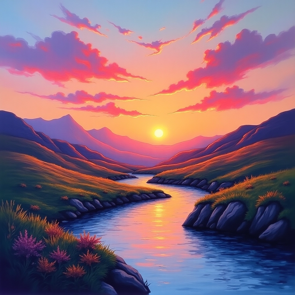 Paesaggio Sognante al Tramonto con Pastelli a Olio