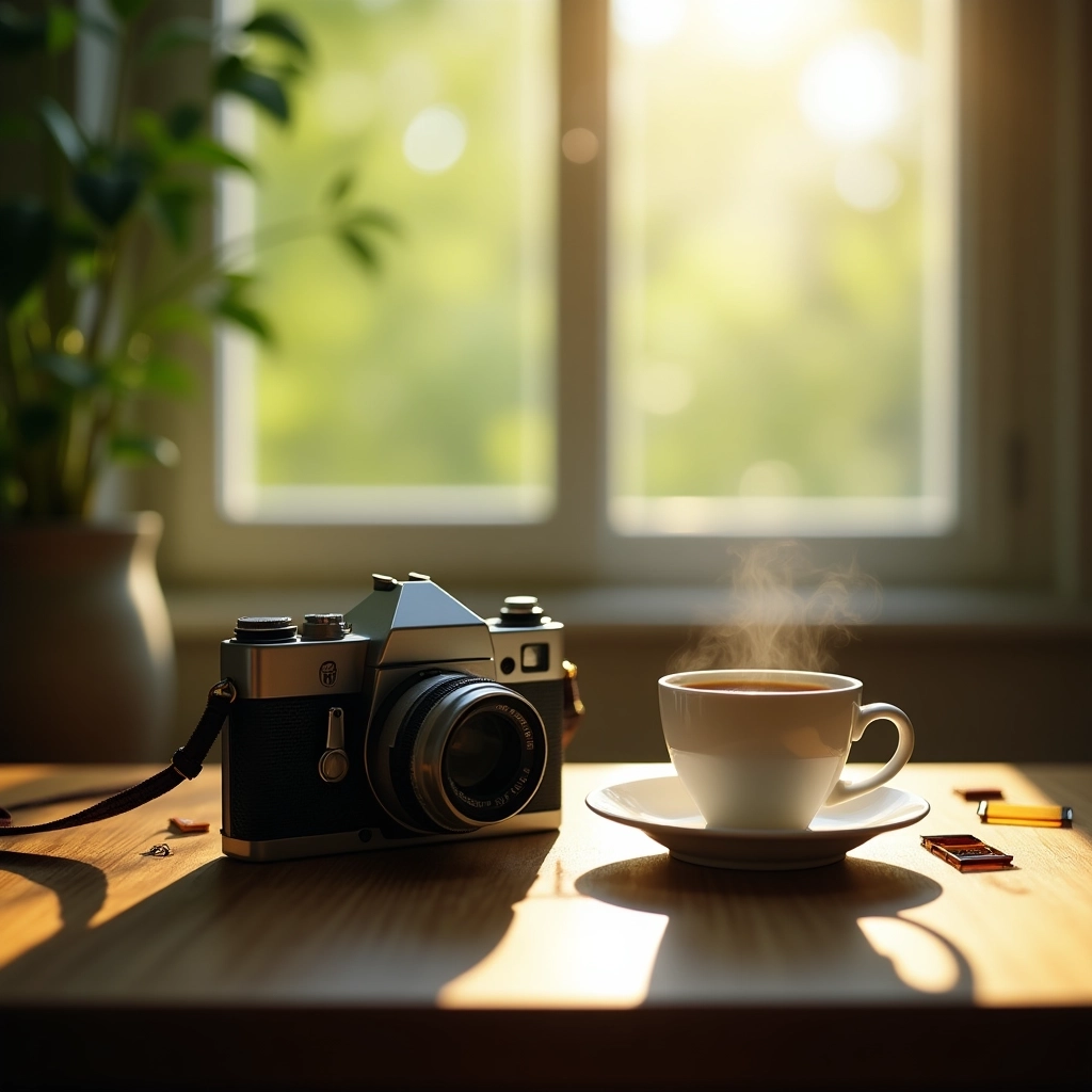 Nostalgia del Mattino: Macchina Fotografica Vintage e Caffè