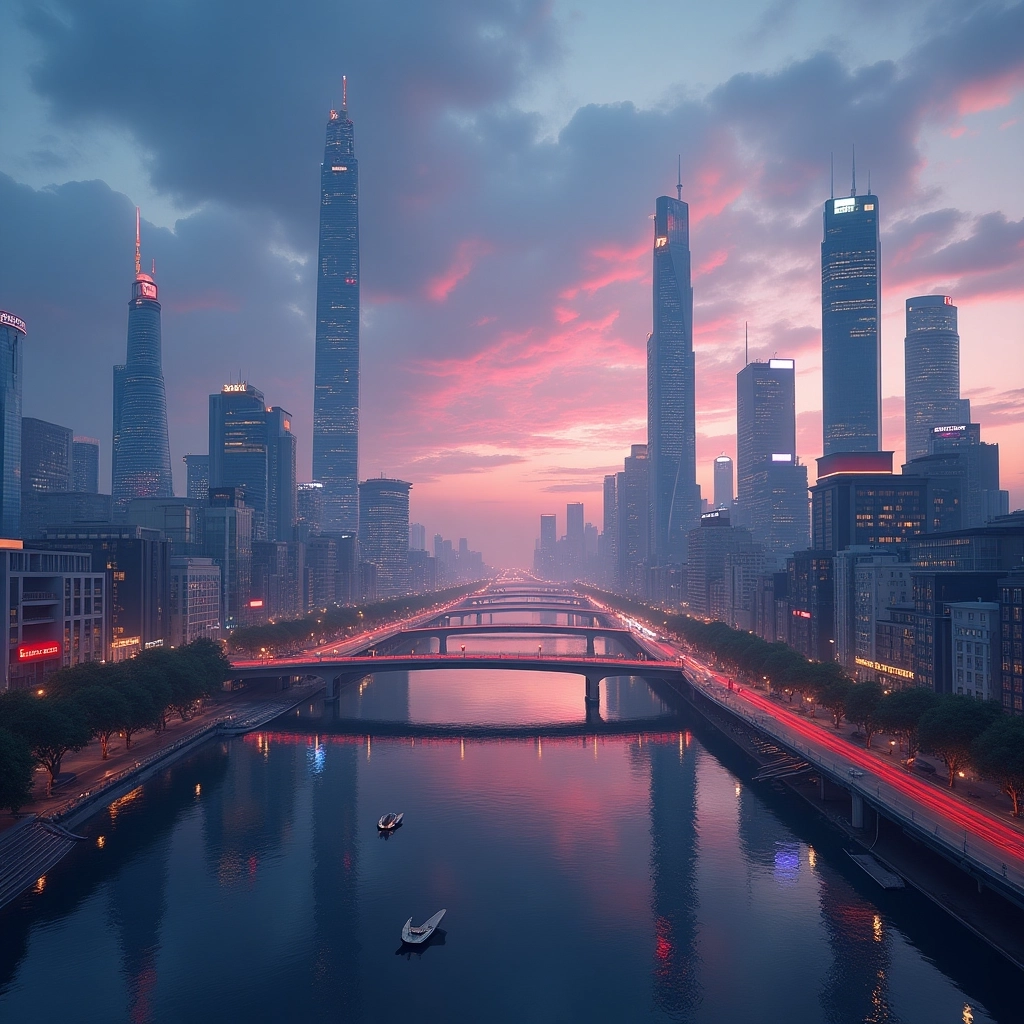 Skyline Futuristico della Città al Tramonto