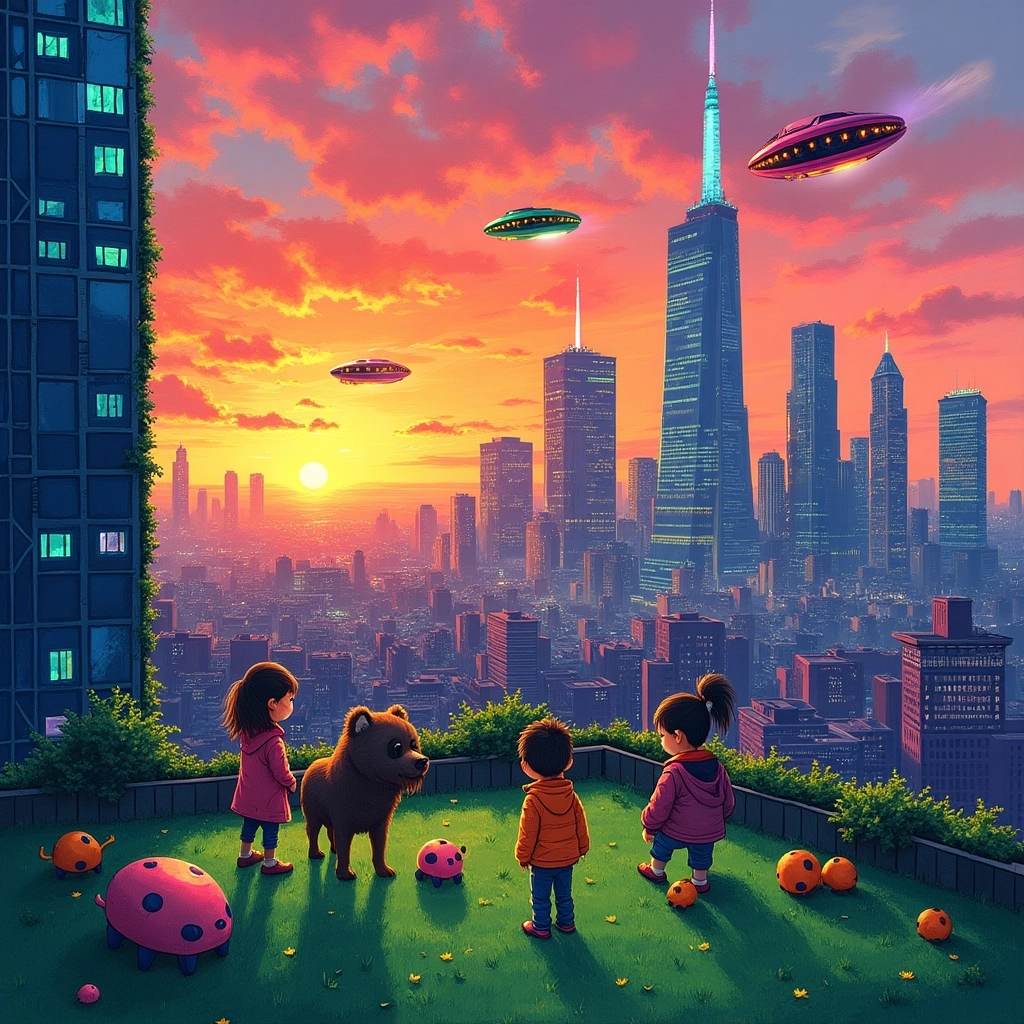 Paesaggio Urbano Futuristico a Pastello Vivace
