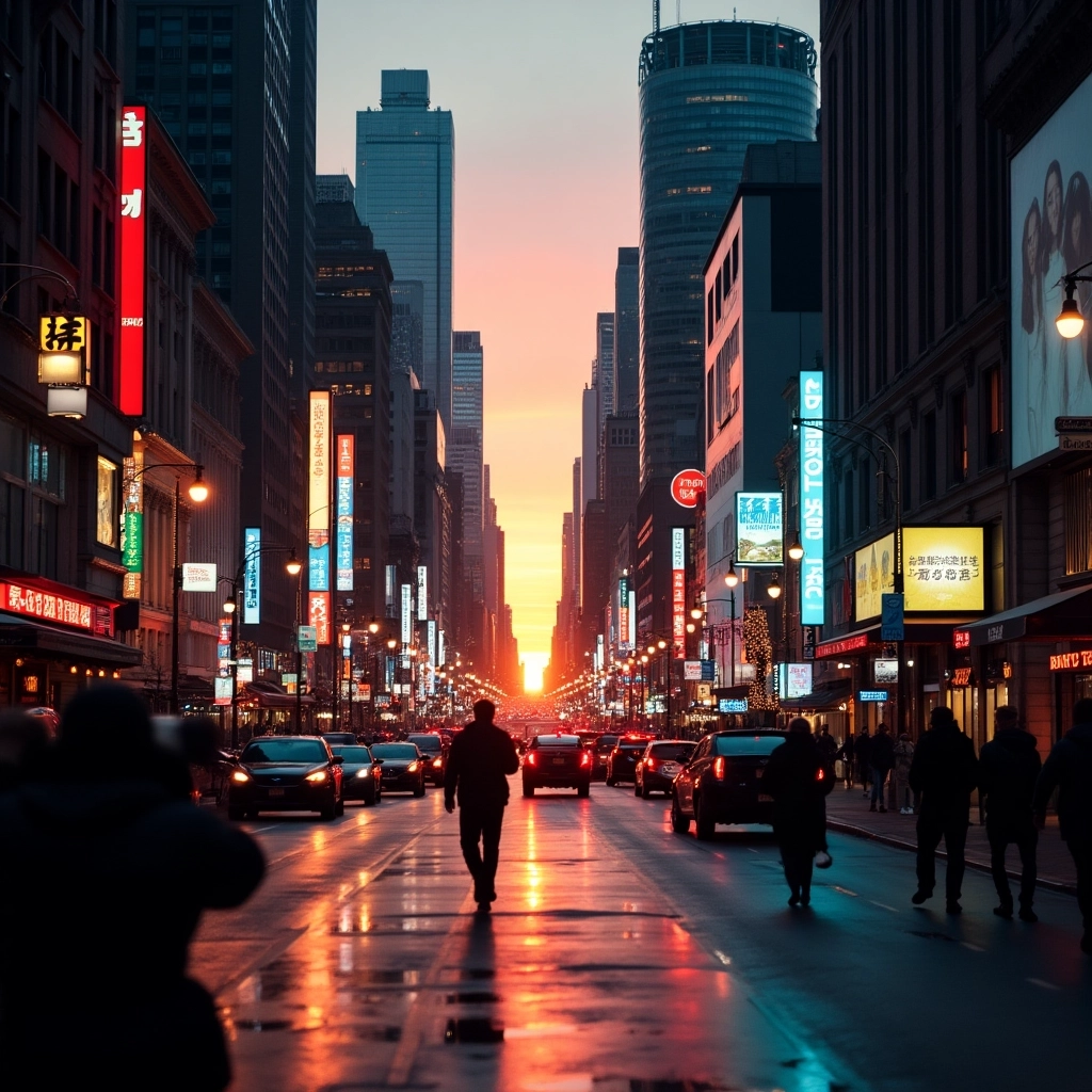 Pulsazione Urbana: Strada della Città a Grandangolo al Tramonto