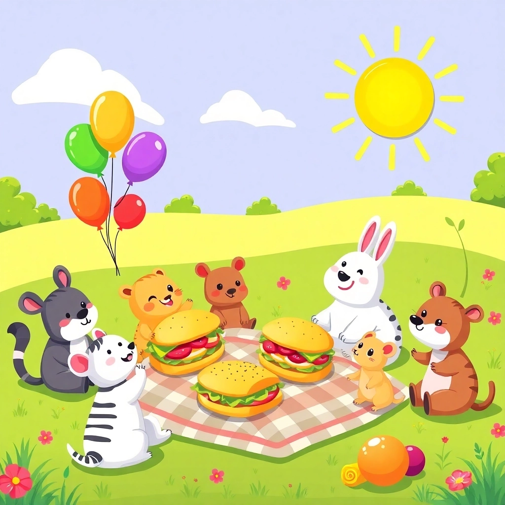Picnic Giocoso di Animali nel Parco dei Cartoni