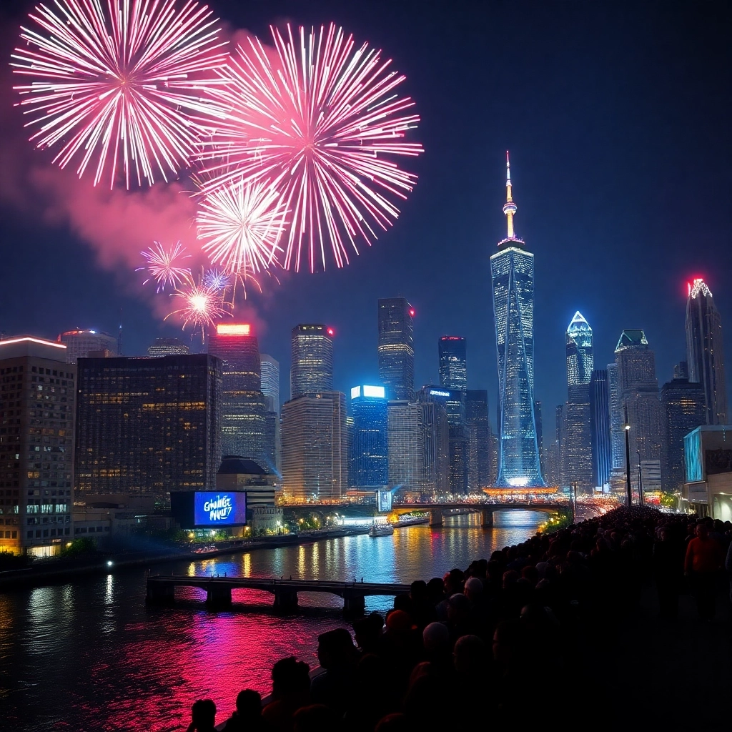 Fuochi d'artificio sopra le luci della città