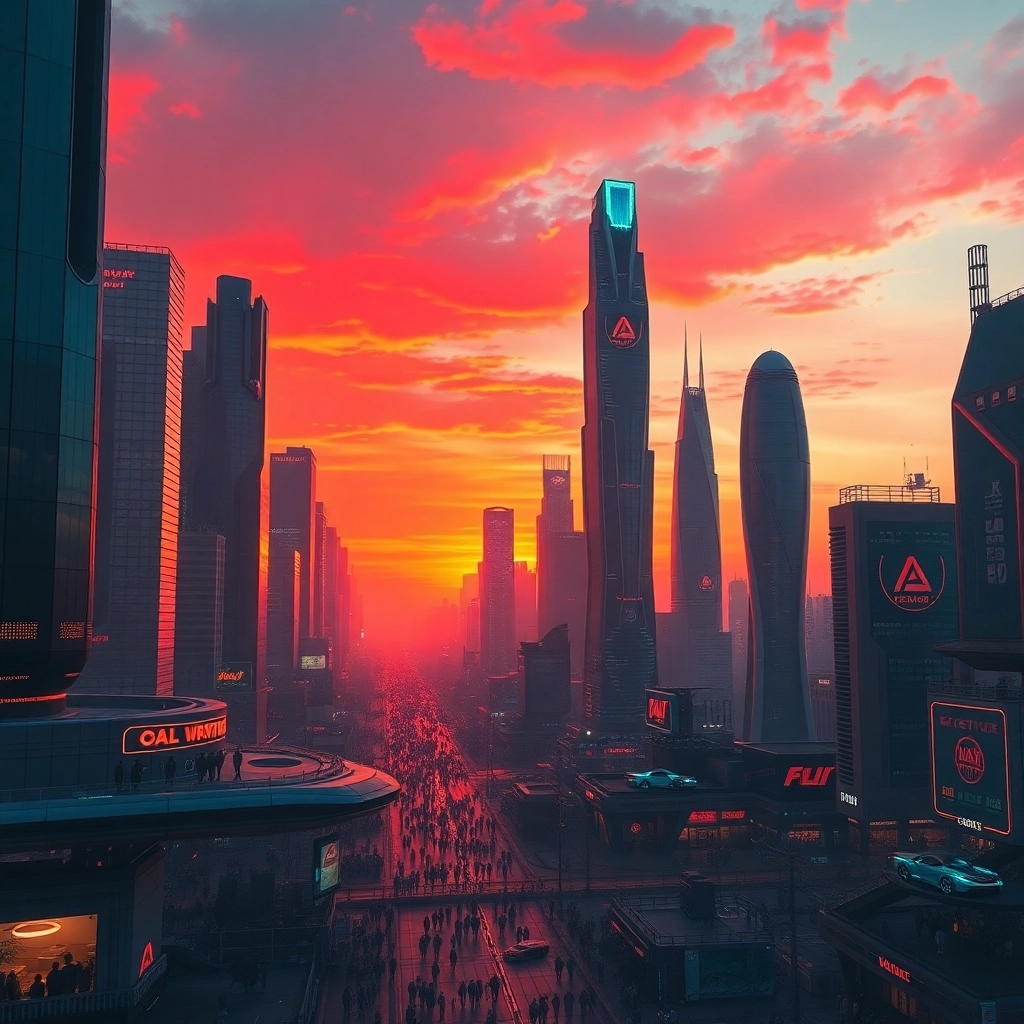 Cieli di Redveil: Città al Neon al Tramonto