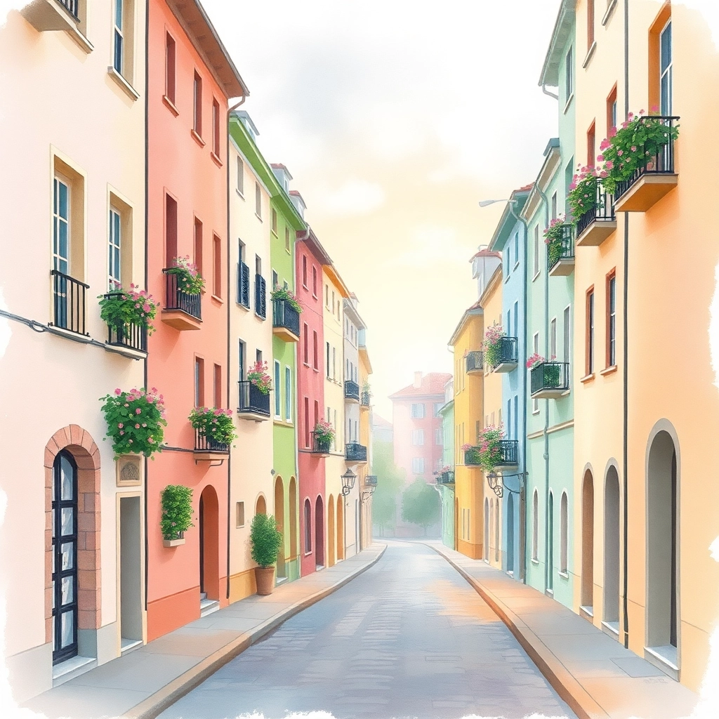 Paesaggio Urbano Acquerellato e Fantasioso all'Alba