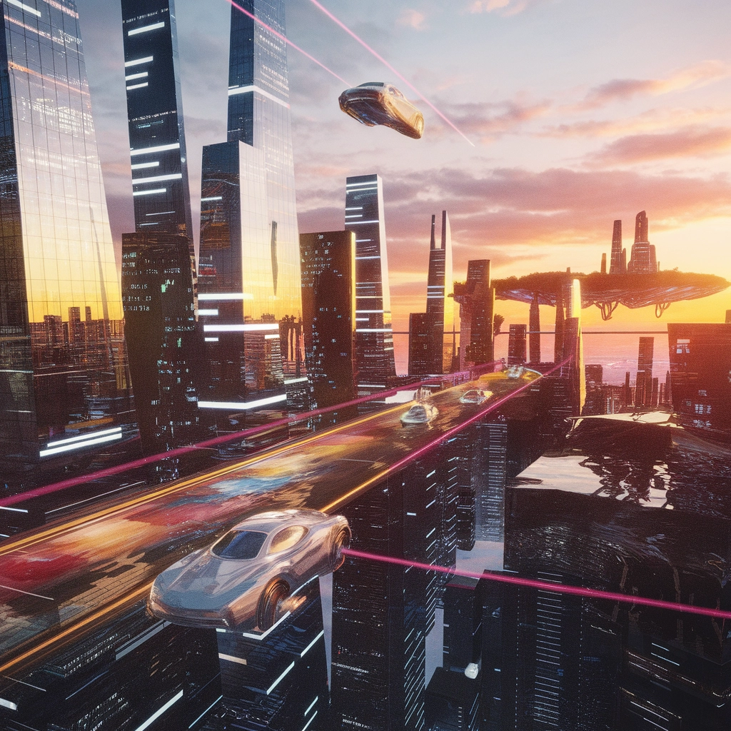 Paesaggio Urbano Futuristico 3D al Tramonto