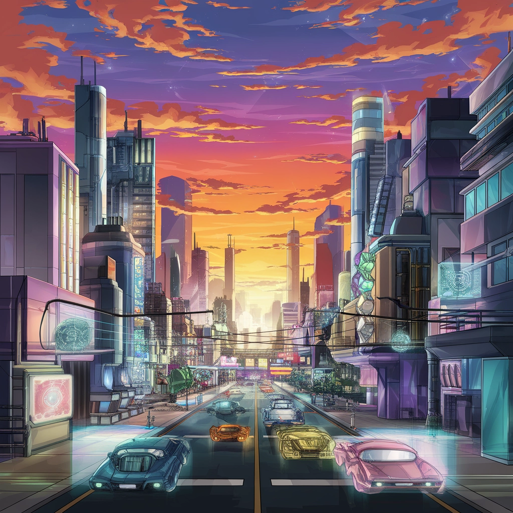 Paesaggio Urbano Futuristico al Neon in Stile Anime al Tramonto