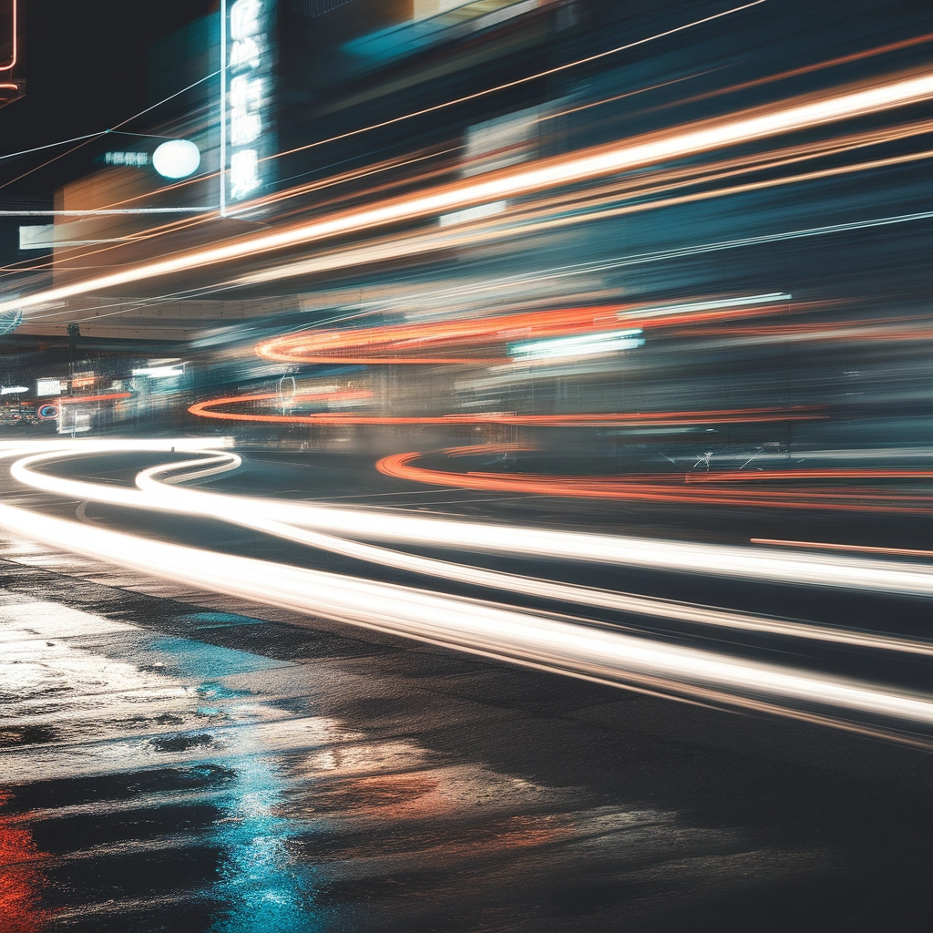 Strada di Città Sfocata in Lunga Esposizione di Notte
