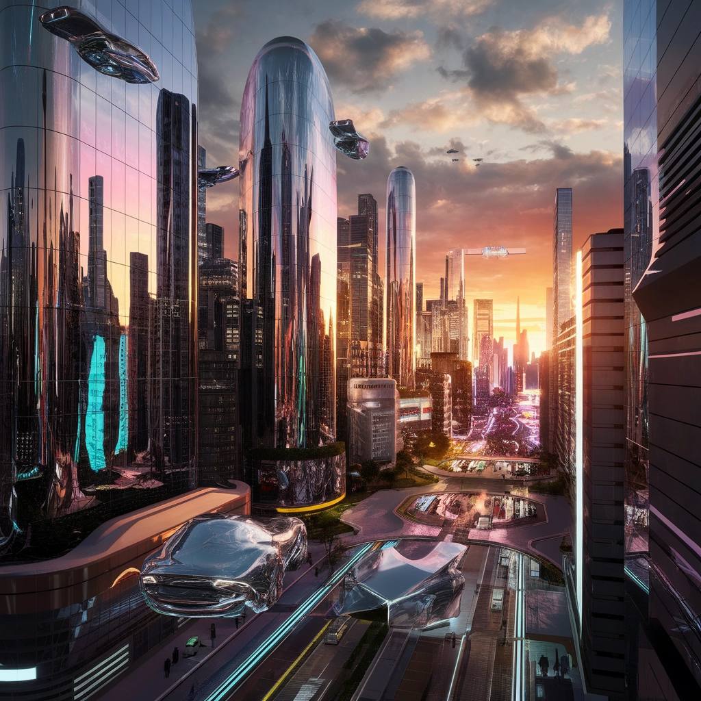 Paesaggio Urbano Futuristico in Cromo al Tramonto
