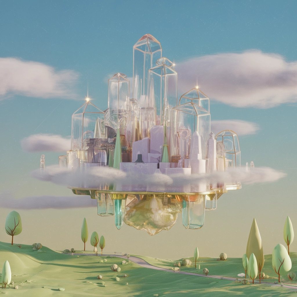 Città Fluttuante Fantasiosa in 3D Minimalista da Sogno