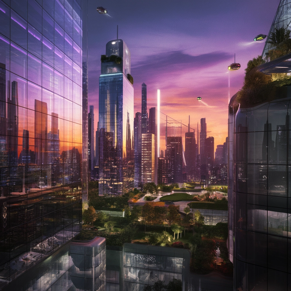 Sogni al Neon: Paesaggio Urbano Futuristico al Tramonto