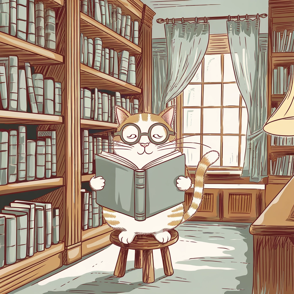 Gatto Fantasioso che Legge in una Biblioteca Disegnata a Mano