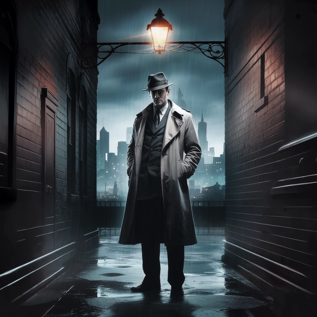 Detective noir in un vicolo piovoso