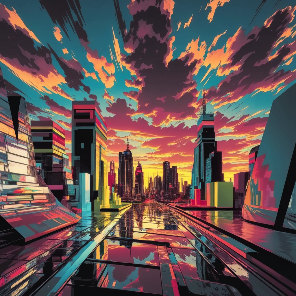 Paesaggio Urbano Futuristico Pop-Art al Tramonto