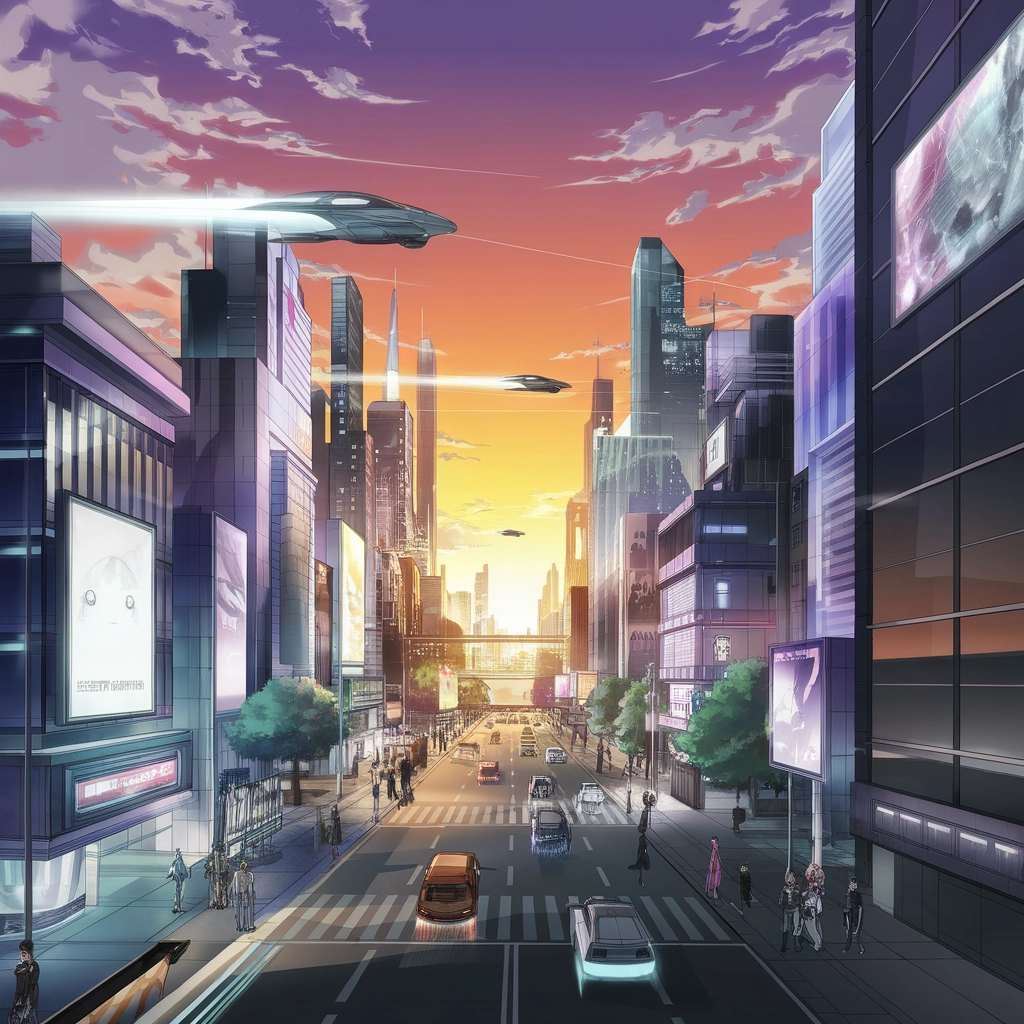 Paesaggio Urbano Futuristico in Stile Anime al Tramonto