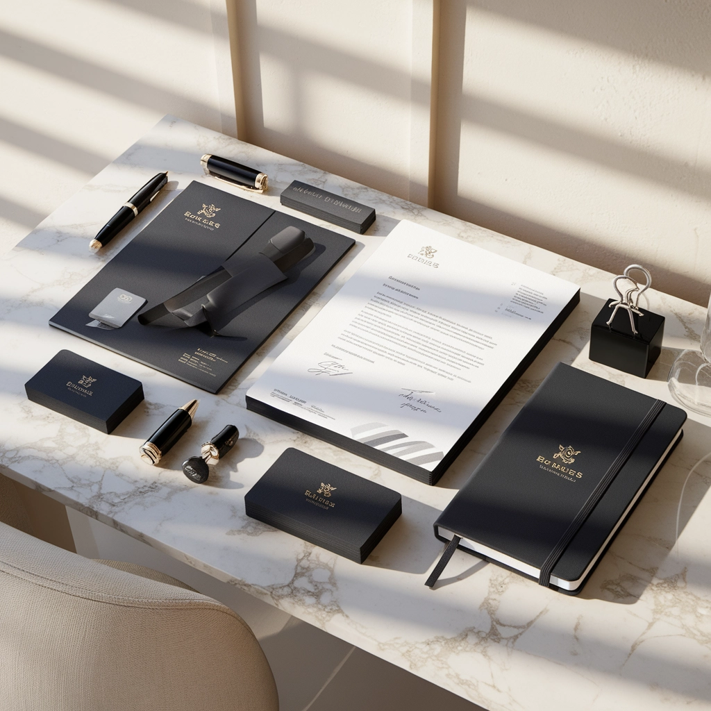 Mockup di Cancelleria di Lusso su Scrivania in Marmo