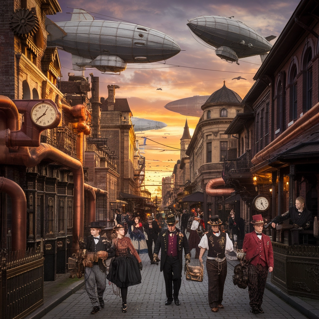 Metropoli Steampunk al Tramonto
