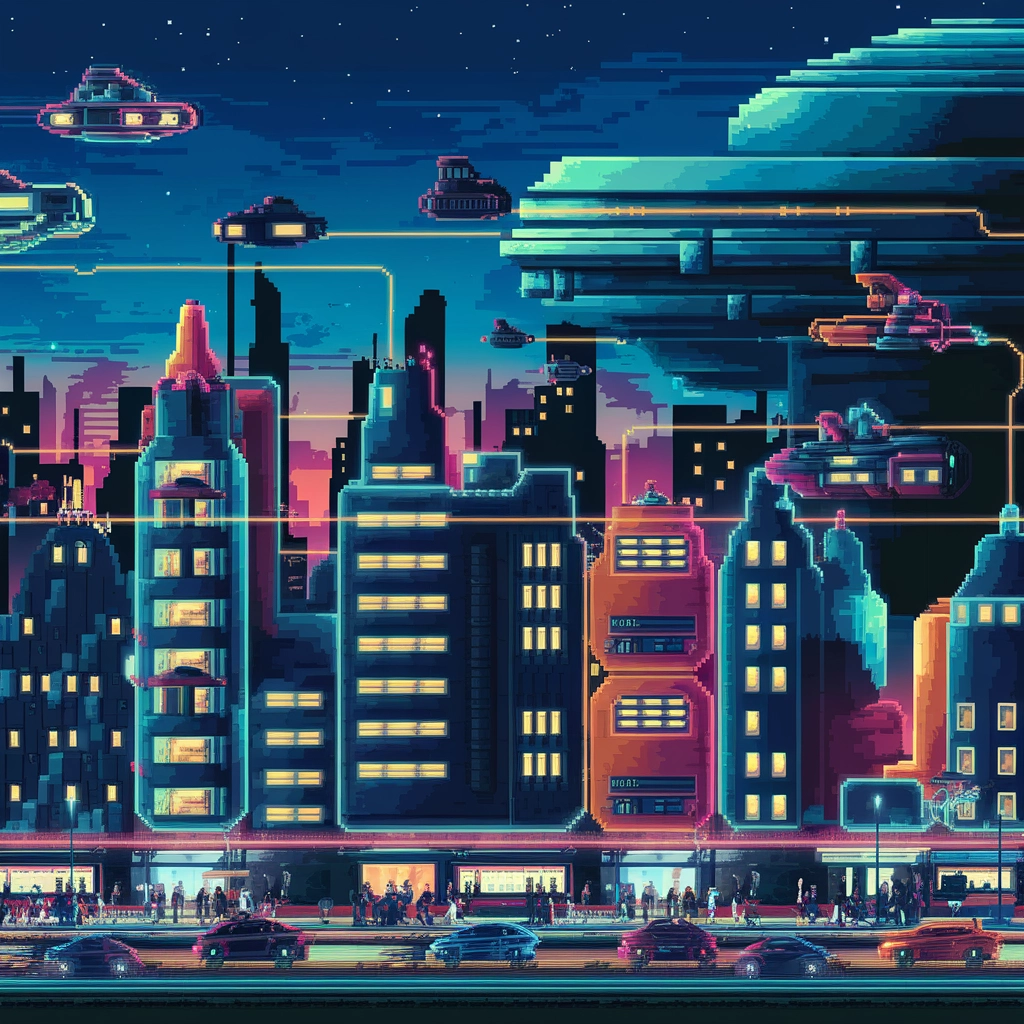 Notti al Neon: Paesaggio Urbano Retro-Futuristico 8-Bit