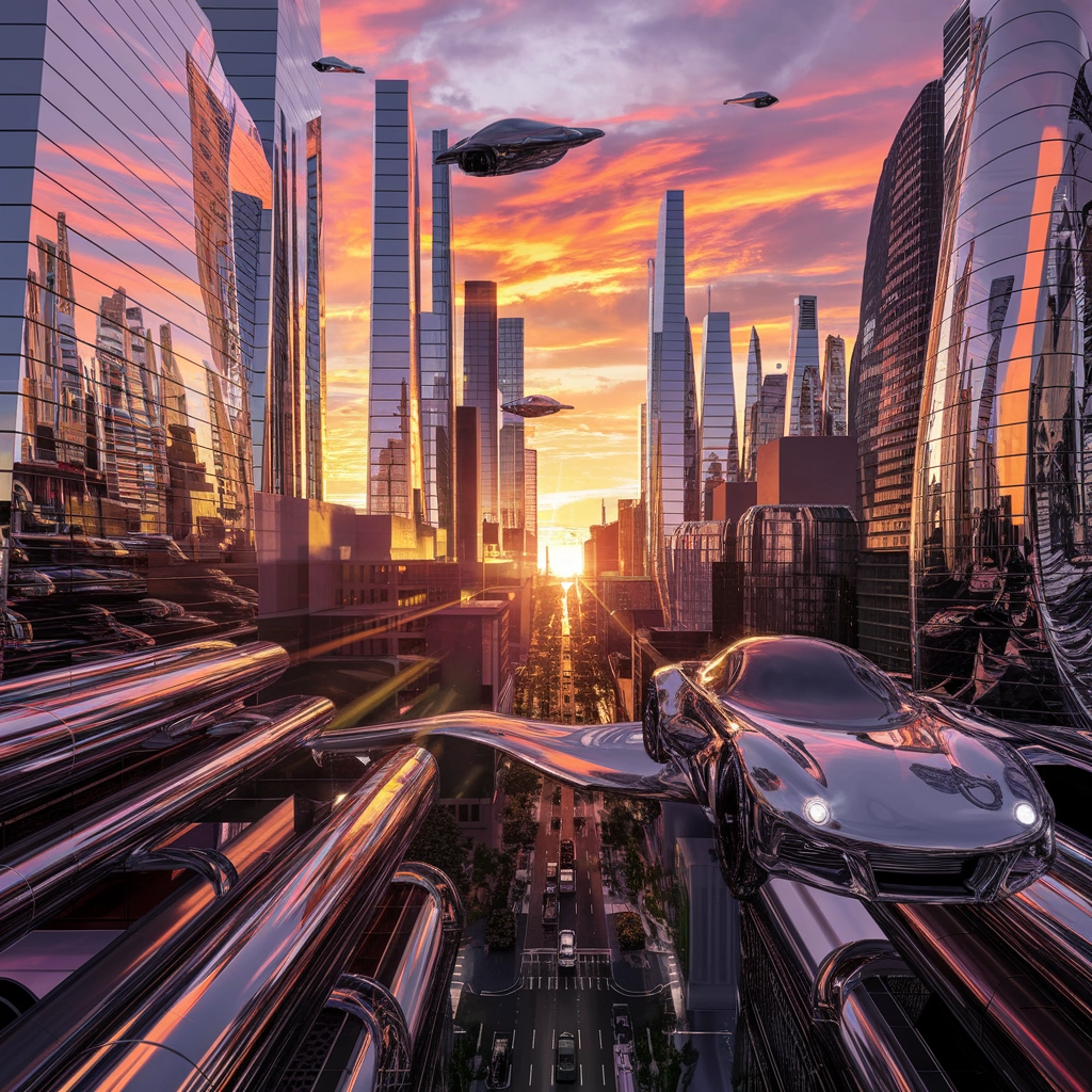 Paesaggio Urbano Futuristico in Cromo al Tramonto