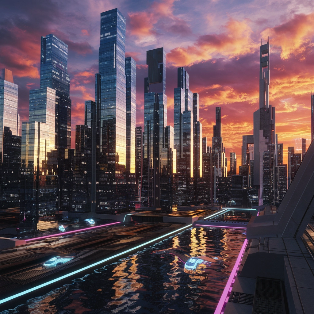 Skyline Futuristica della Città al Tramonto