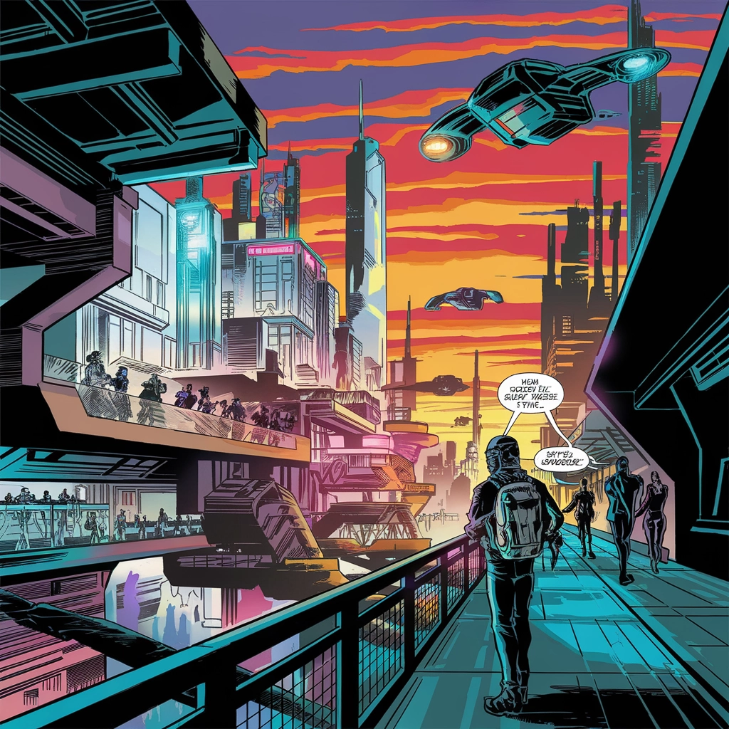 Paesaggio Urbano Futuristico al Tramonto in Stile Fumetto