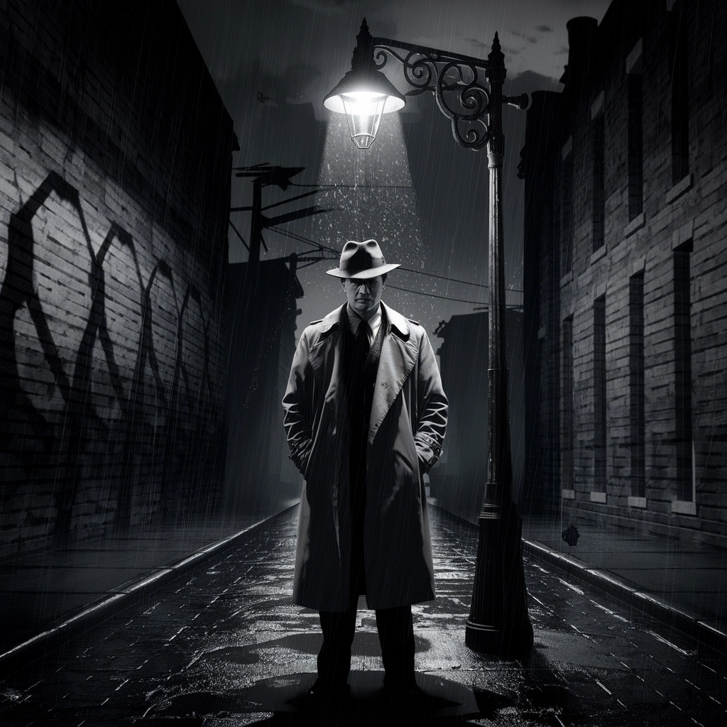 Detective noir in strada sotto la pioggia a mezzanotte