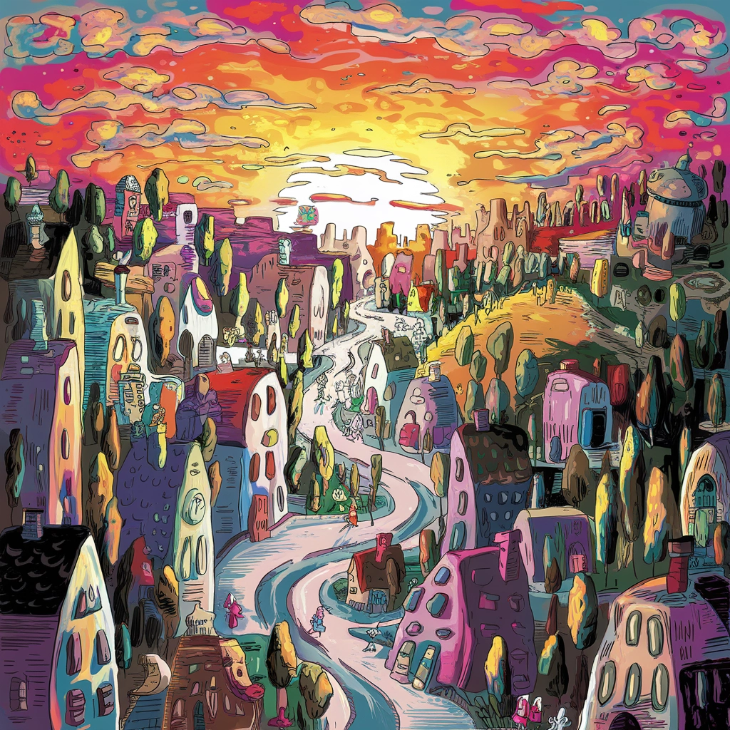 Paesaggio Urbano Fantasioso Disegnato a Mano al Tramonto
