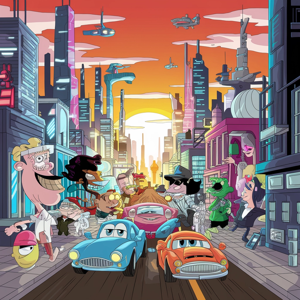 Paesaggio Urbano Futuristico Hypertoon al Tramonto