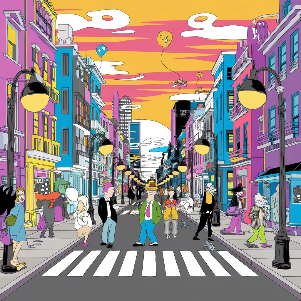 Paesaggio Urbano Pop Art Fantasioso al Tramonto