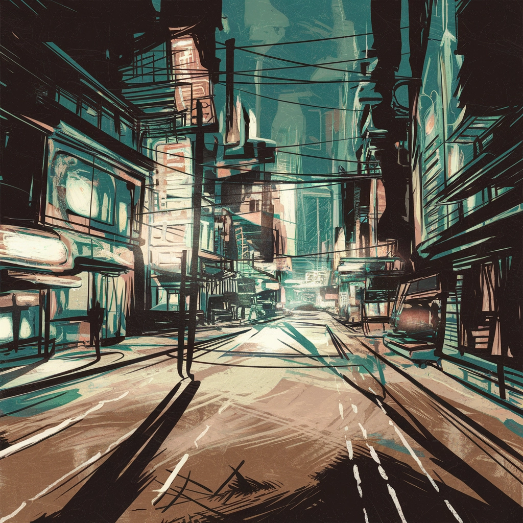 Ombre al Neon: Paesaggio Urbano Surreale in Stampa a Inchiostro
