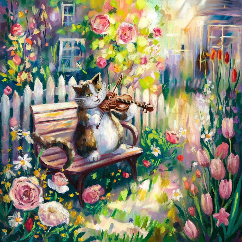 Gatto Violinista Fantasioso in un Giardino Primaverile