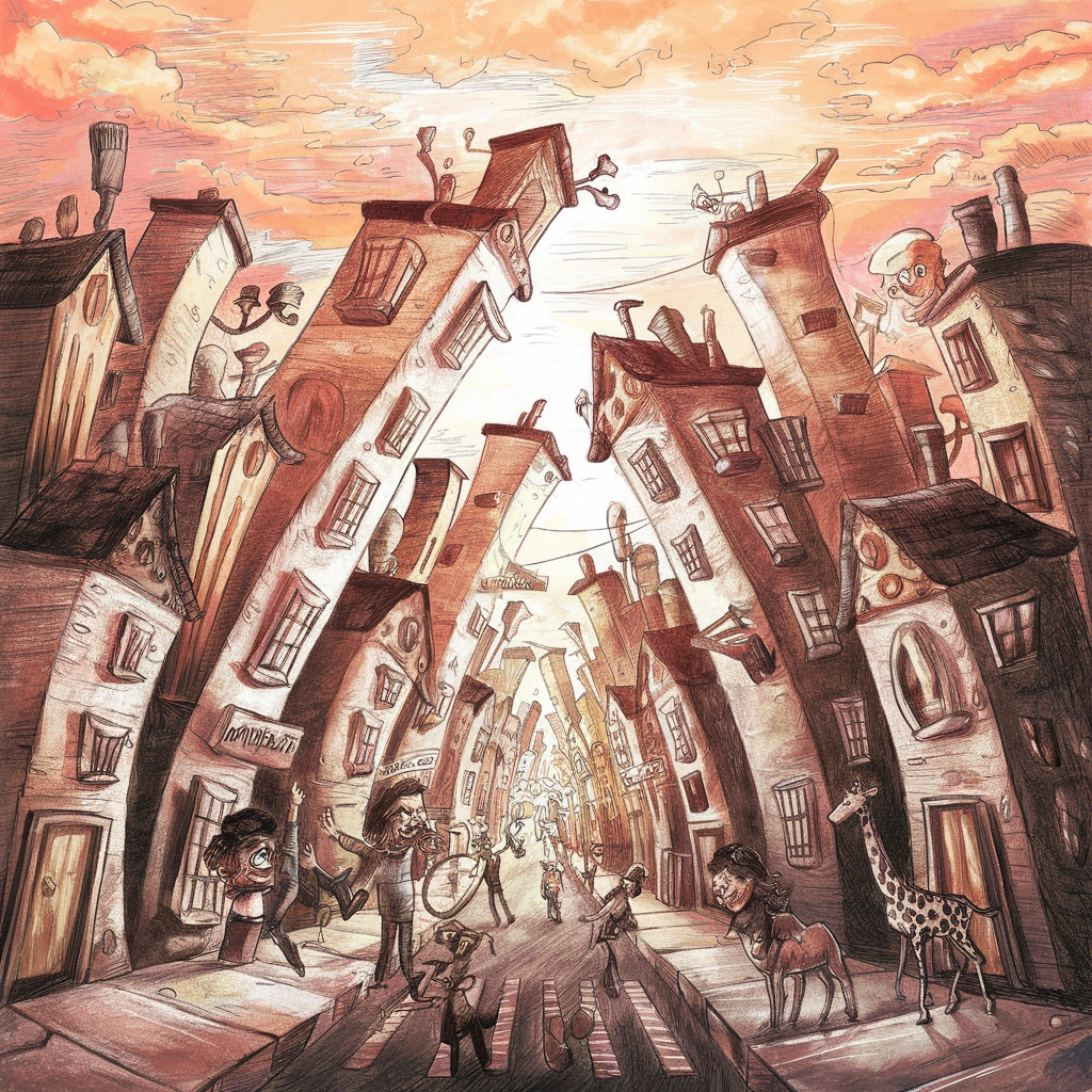 Paesaggio Urbano Fantasioso al Tramonto, Disegnato a Matita