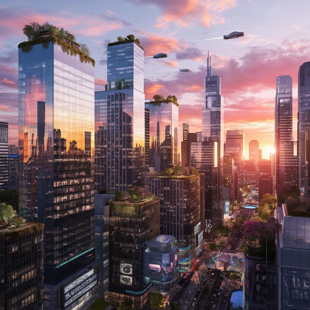 Skyline Futuristica della Città al Tramonto