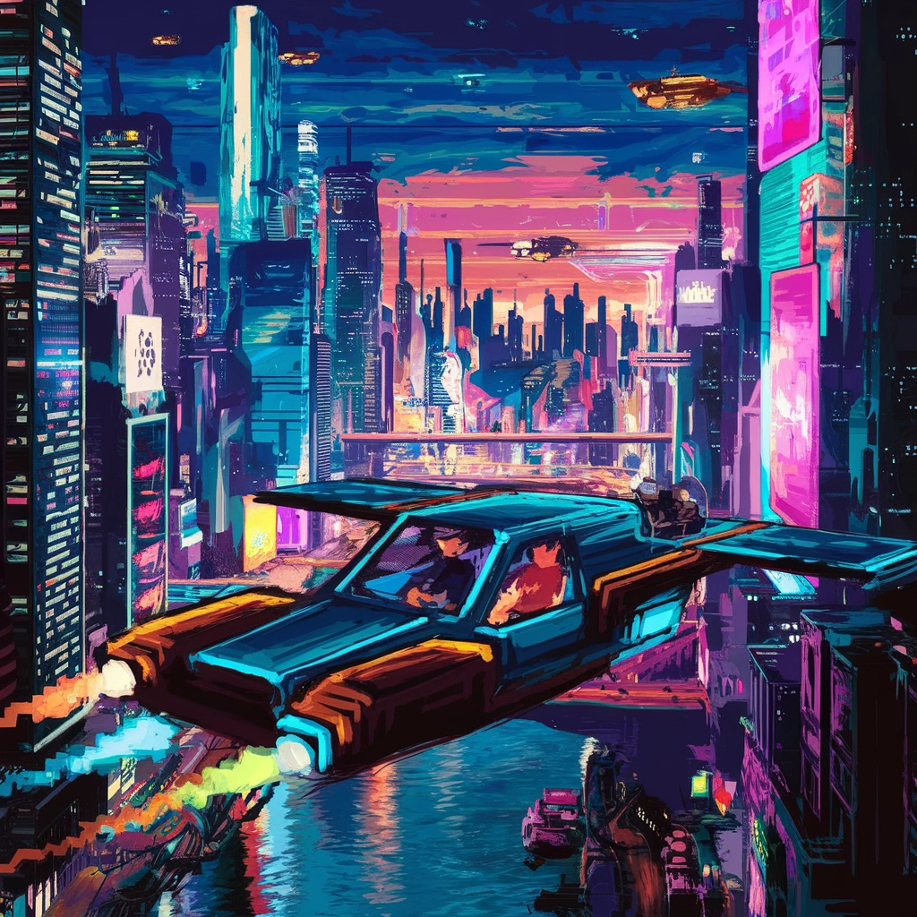 Neonový kyberpunkový městský panoramat v pixel artu