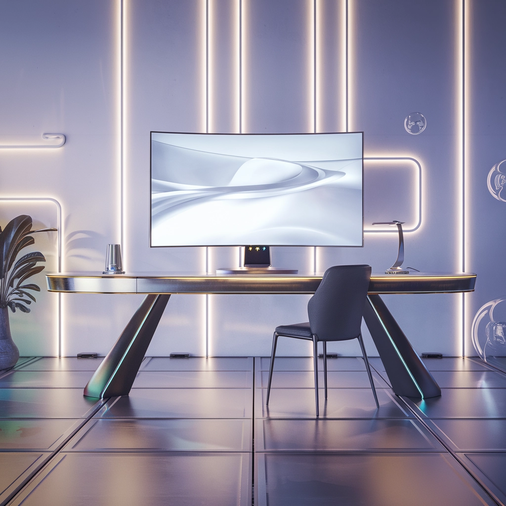 Futuristické minimalistické pracovní místo v elegantním 3D
