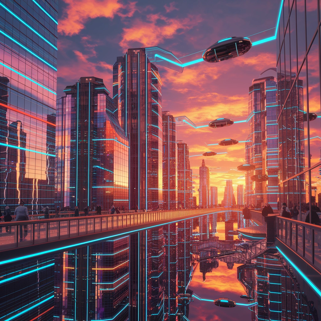 Paesaggio Urbano Futuristico al Tramonto con Luci al Neon