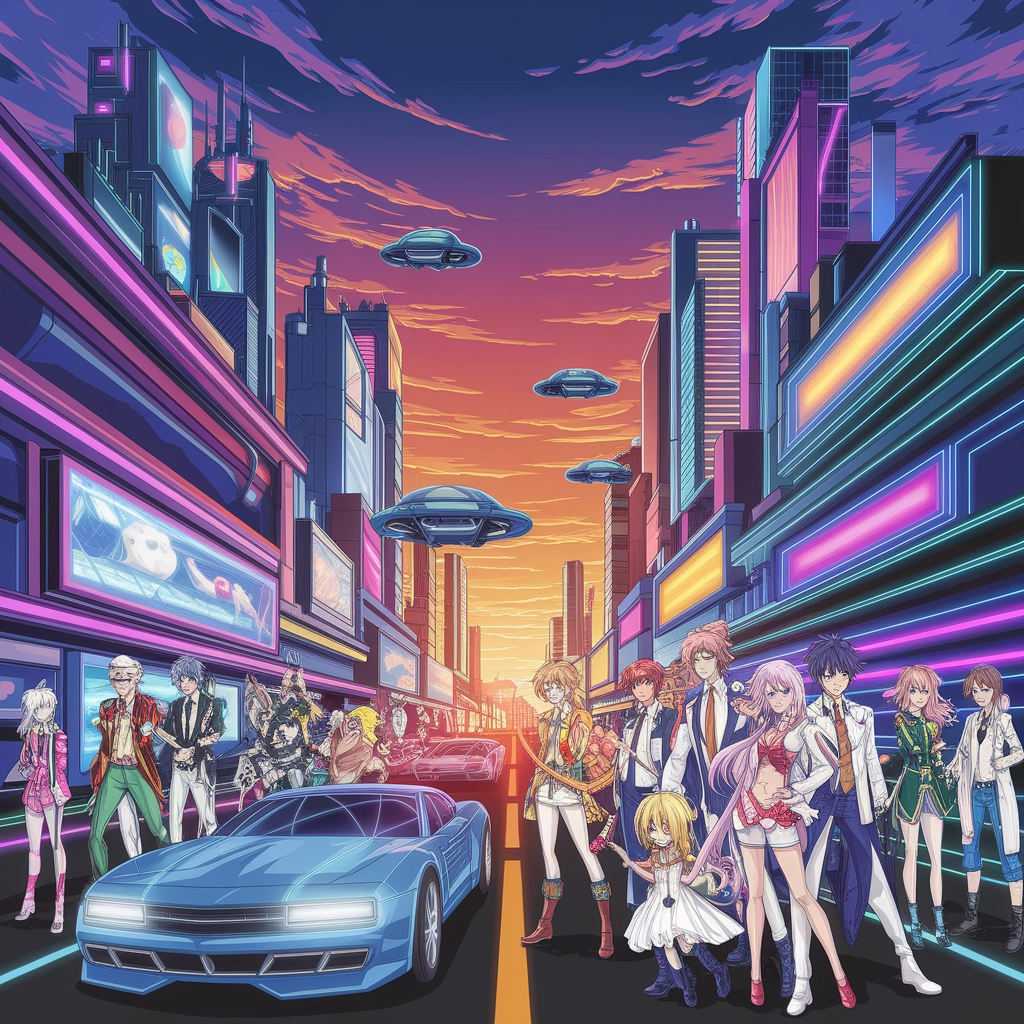 Paesaggio Urbano Futuristico in Stile Anime al Tramonto