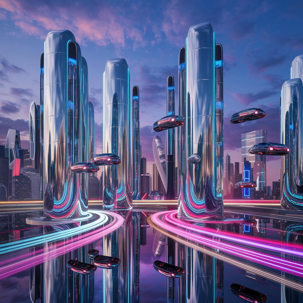 Città di Cromo: Skyline Futuristico al Tramonto