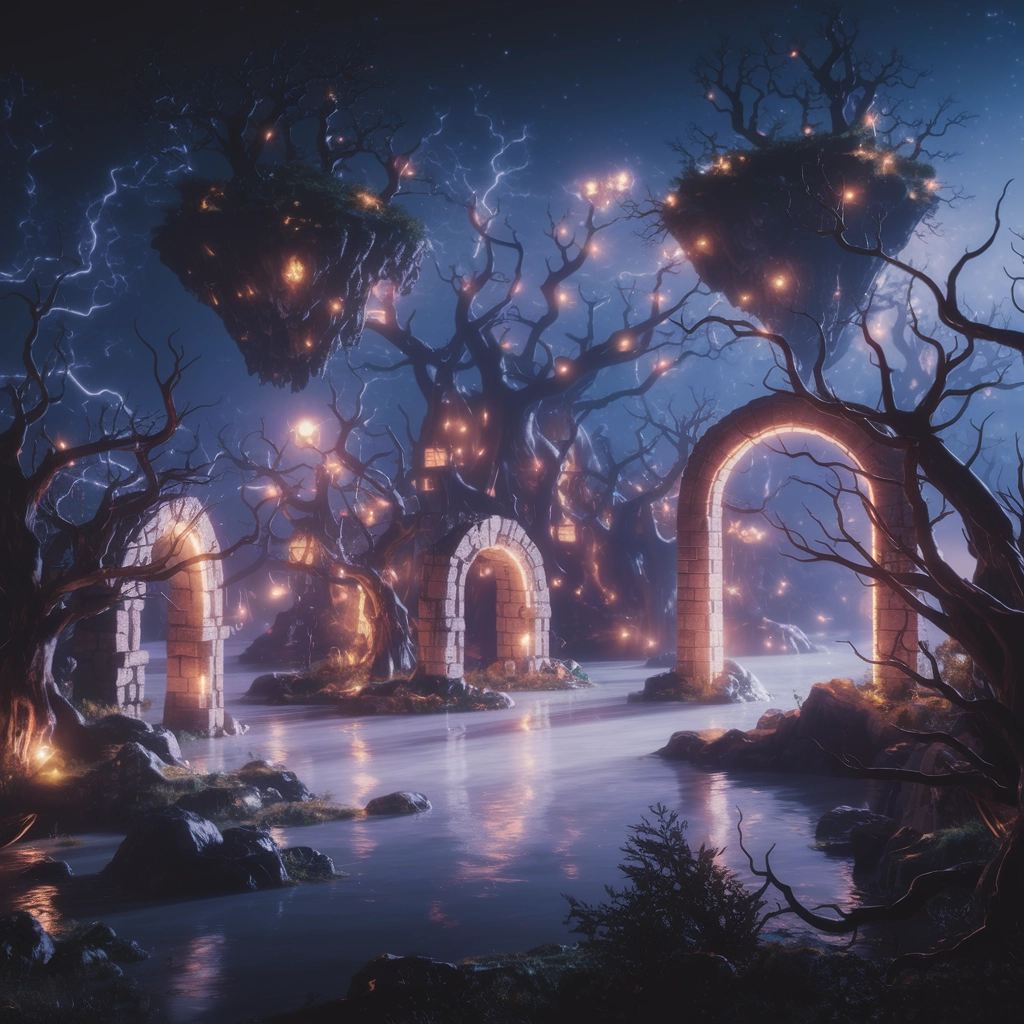Paesaggio Notturno Onirico di Isole Fluttuanti