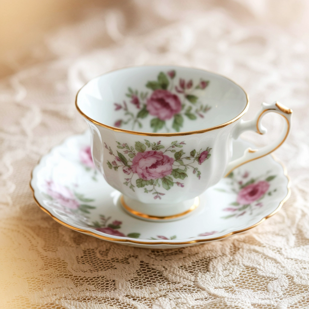 Tazza di porcellana su tovaglia di pizzo