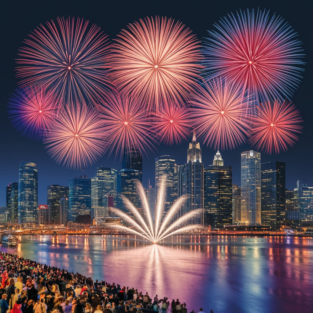 Fuochi d'artificio sullo skyline della città