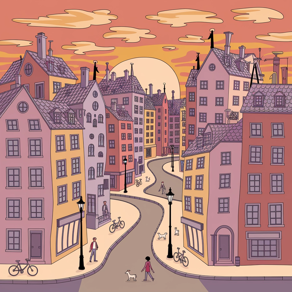 Paesaggio Urbano Fantasioso al Tramonto, Disegnato a Mano